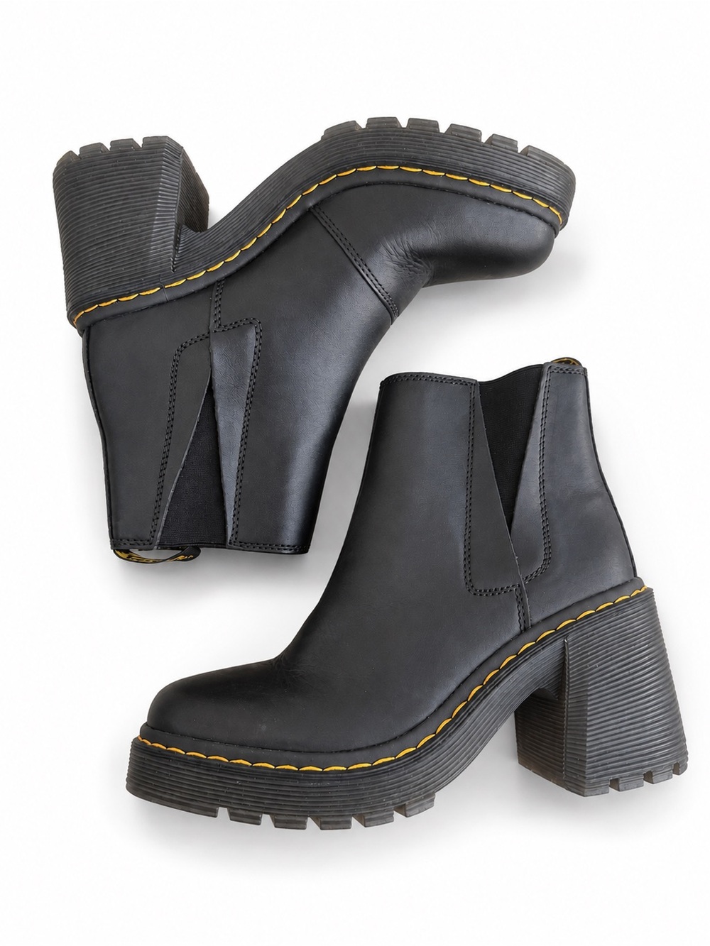 Dr. Martens Black Leather Platform Chelsea Boots with Yellow Stitching